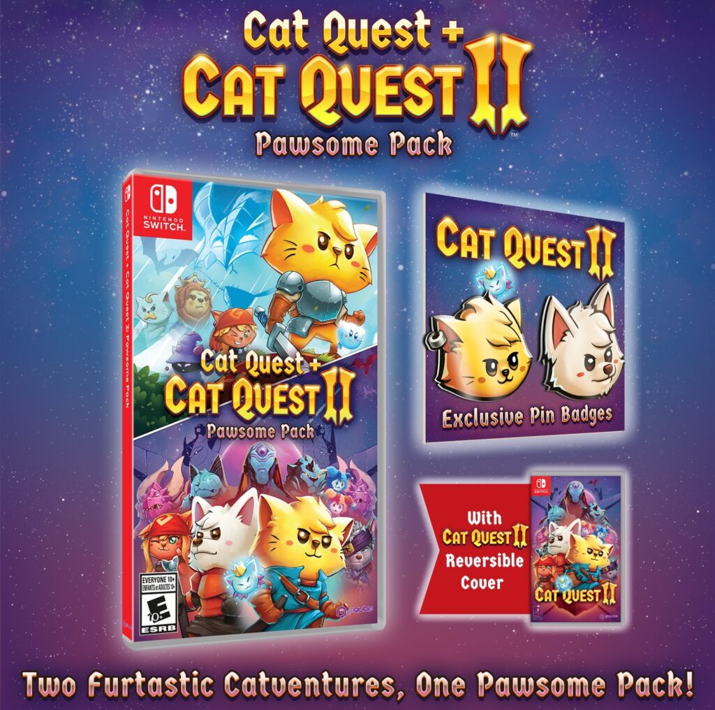 Cat Quest + Cat Quest II: Pawsome Pack terá pins como brinde e capa reversível. (Imagem: Divulgação.)