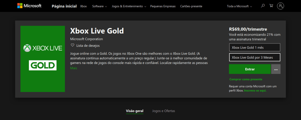 Microsoft retira assinatura anual de Xbox Live Gold também da loja brasileira. [Imagem: Reprodução.]