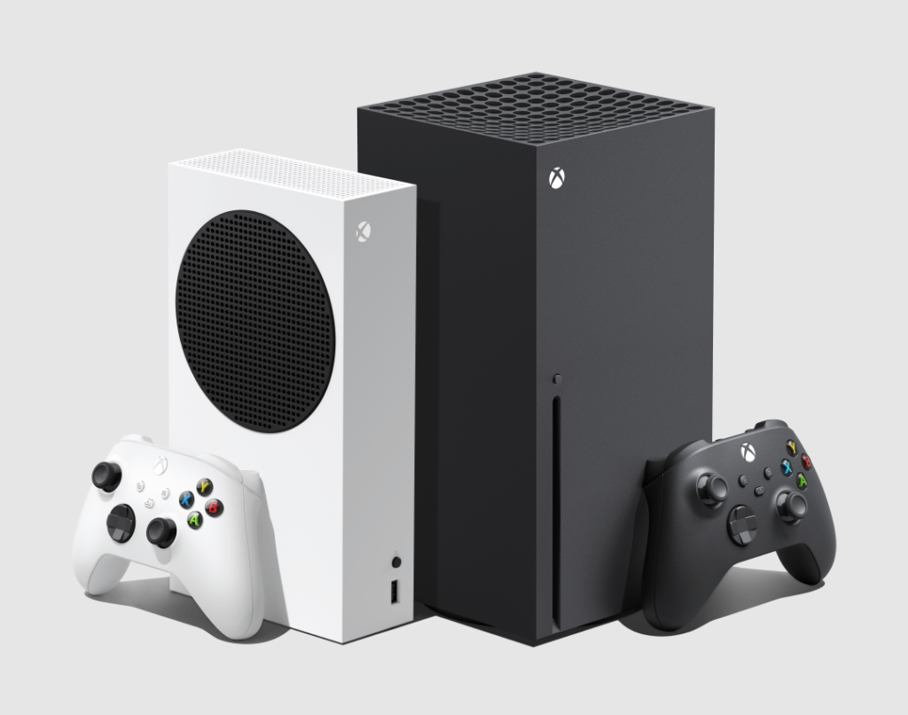 Os novos Xbox lado a lado: Xbox Series S (branco) e Xbox Series X (preto). (Imagem: Divulgação)