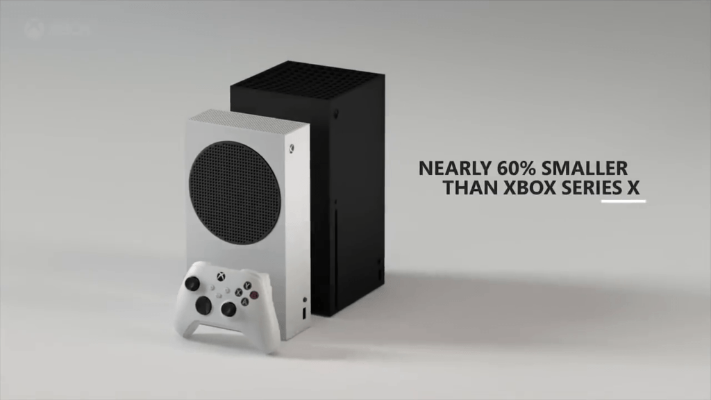 Comparação entre Xbox Series S e Xbox Series X: tamanho 60% menor. (Imagem: Reprodução)