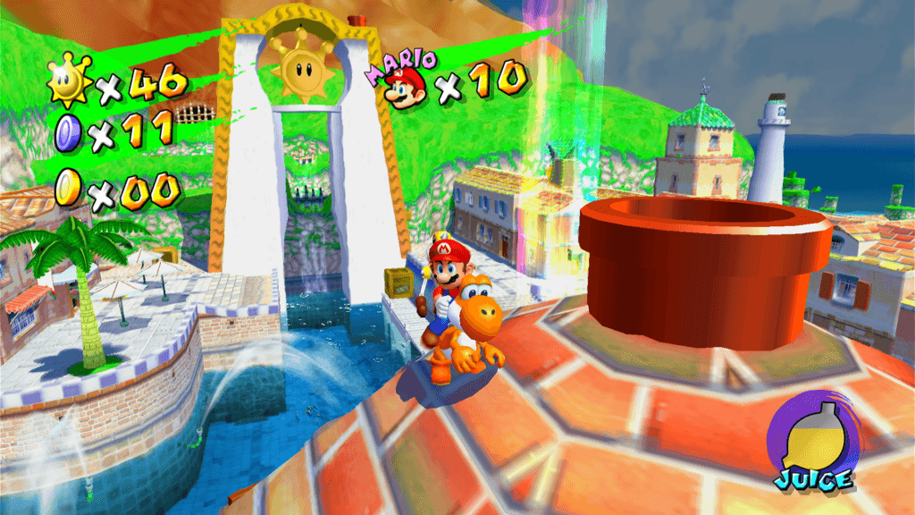 Super Mario Sunshine fica (ainda) mais bonito com os aprimoramentos de Super Mario 3D All-Stars. (Imagem: Reprodução) 