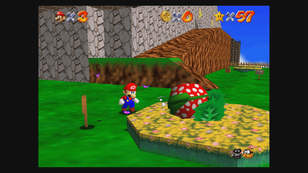 As fases de Super Mario 64 são um grande campo de experimentação para as possibilidades em três dimensões. (Imagem: Reprodução)