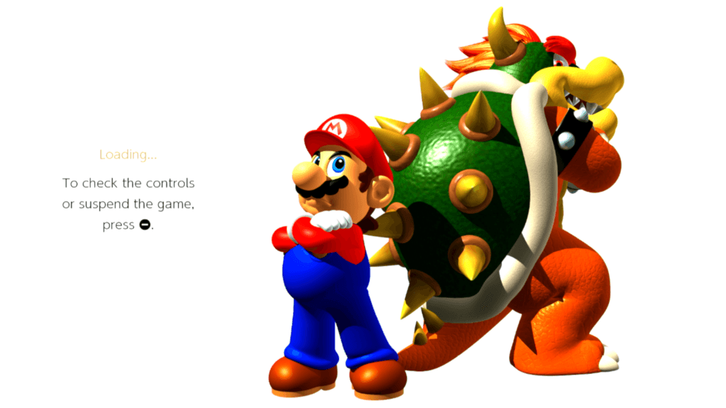 Ao lançar um dos jogos em Super Mario 3D All-Stars, uma arte do manual salta à tela durante o carregamento - como esta de Super Mario 64. (Imagem: Reprodução)