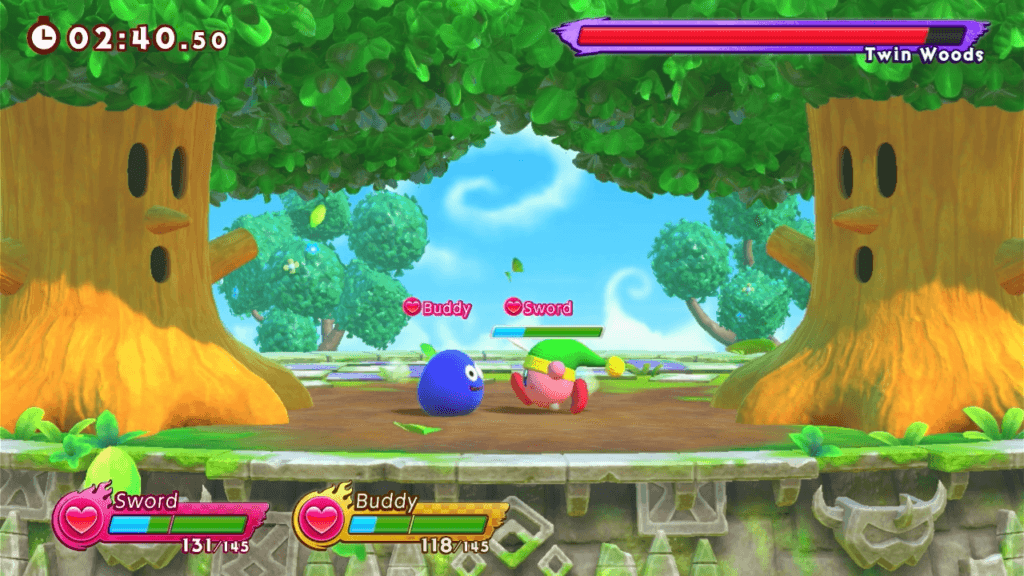 Parece um cenário de Smash Bros., mas na verdade é de Kirby Fighters 2 - que poderia bem ser conteúdo adicional para o principal jogo de luta da Nintendo. (Imagem: Reprodução)