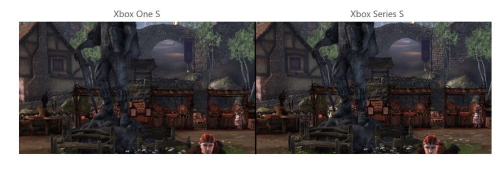 Comparação de resolução e filtragem anisotrópica em Fable Anniversary, para Xbox 360, entre Xbox One S e Xbox Series X. (Imagem: Divulgação)