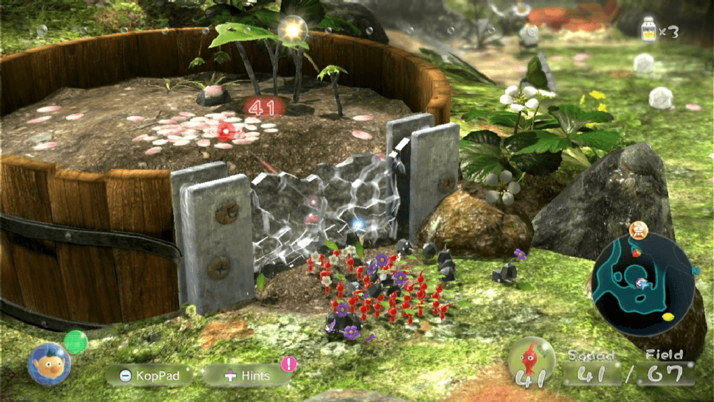 Use o tipo certo de Pikmin para o trabalho certo - como os Pikmin de pedra para quebrar vidros. (Imagem: Reprodução)