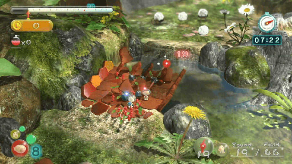 Garimpe o máximo de Pikmin e de tesouros em um dia para conseguir uma medalha de platina e para descobrir o que aconteceu com Capitão Olimar em PNF-404. (Imagem: Reprodução)