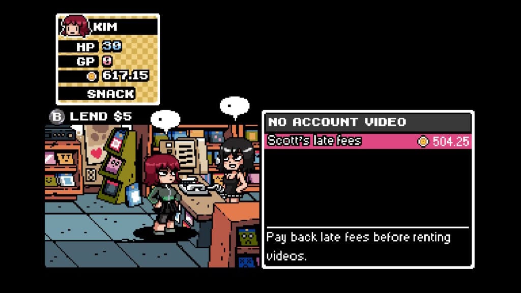 Pague as dívidas de Scott com a locadora para poder progredir mais rapidamente em Scott Pilgrim vs. the World: The Game - Complete Edition. (Imagem: Reprodução/Switch)