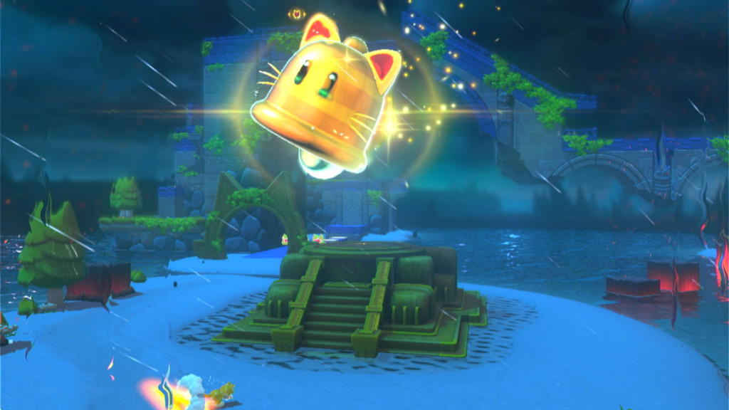 Giga Bell transforma Mario em uma gato gigante capaz de enfrentar Bowser. Há três destes pelo mapa. (Imagem: Reprodução/Nintendo Switch na doca)