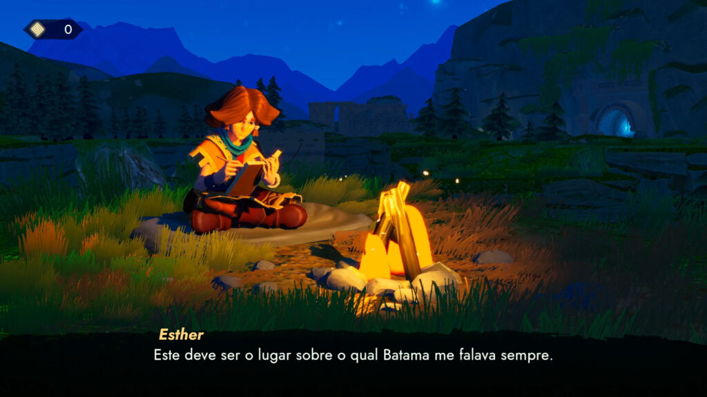 Esther, a protagonista de Sonority, sentada ao lado de uma fogueira e escrevendo em seu diário no começo do jogo.