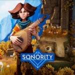 Logotipo do jogo Sonority, em azul, e a imagem mostra Esther, a jovem protagonista, segurando um instrumento musical.