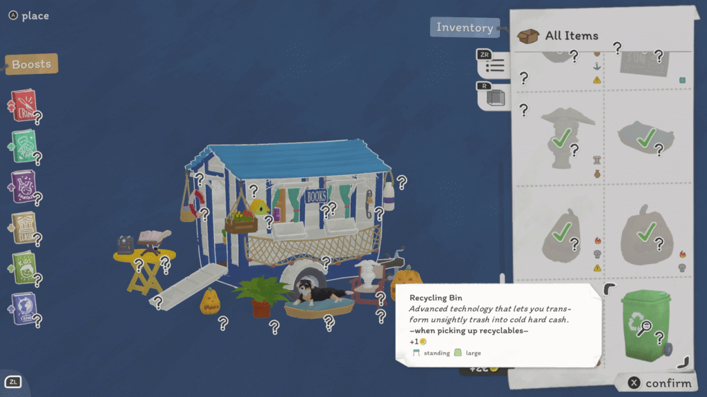 Até uma lixeira pode fazer diferença em Tiny Bookshop: objetos carregam bônus e ônus que afetam as vendas de acordo com o gênero literário.
(Imagem: Reprodução / Carlos Maestre)