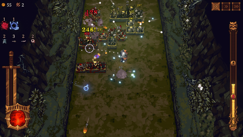 ball x pit Momento de combate na trincheira, com dezenas de esferas ricocheteando em inimigos e números de dano explodindo na tela.
(Imagem: Reprodução / Carlos Maestre)