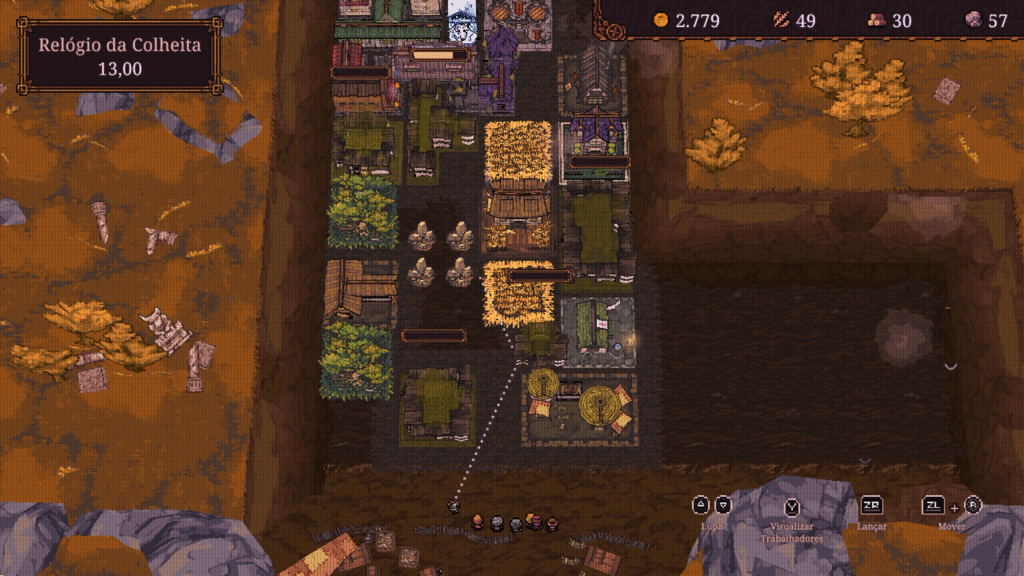 ball x pit Vista de Nova Bolalônia durante a fase de planejamento, com construções e recursos ao redor do poço.
(Imagem: Reprodução / Carlos Maestre)