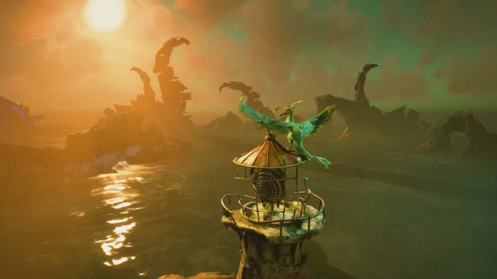 A ave verde, Ramo, e o farol, ainda inanimado, são os protagonistas de Keeper. (Imagem: Reprodução do Xbox Series S / Carlos Maestre)