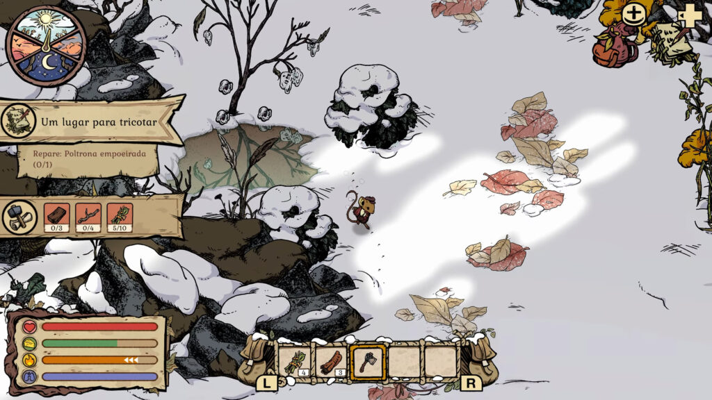 Winter Burrow começa com pegadas pequenas na neve e a barra de temperatura despencando, mostrando como o frio dita o ritmo da exploração.
(Imagem: Reprodução / Nintendo Switch 2)