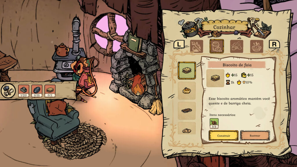 Com o fogão reparado, o menu de culinária permite preparar pratos que restauram conforto térmico e oferecem bônus temporários.
(Imagem: Reprodução / Nintendo Switch 2)