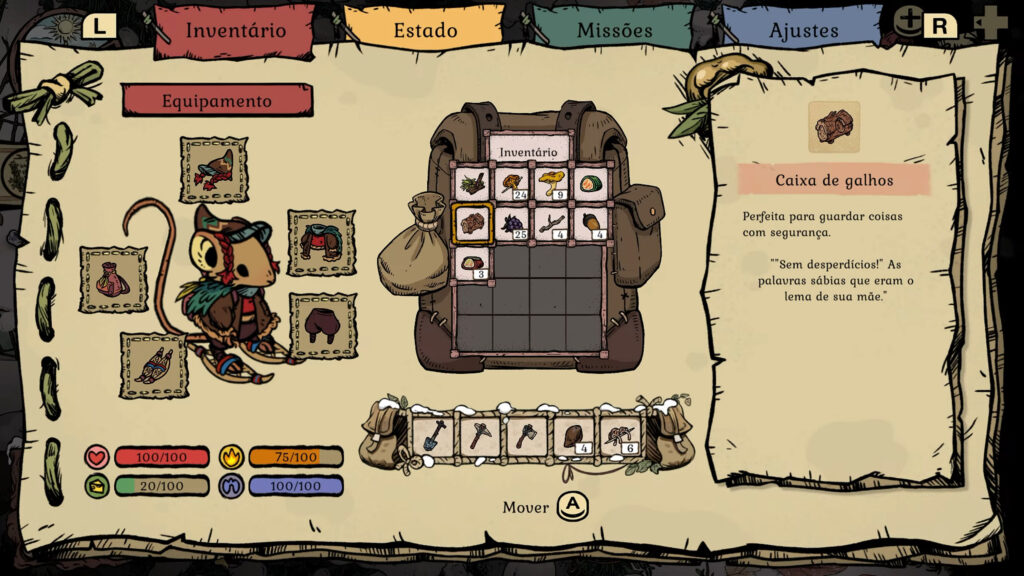 Inventário completamente ocupado e roupas reforçadas contra o frio - sinal de progresso e da constante necessidade de gerenciamento.
(Imagem: Reprodução / Nintendo Switch 2)