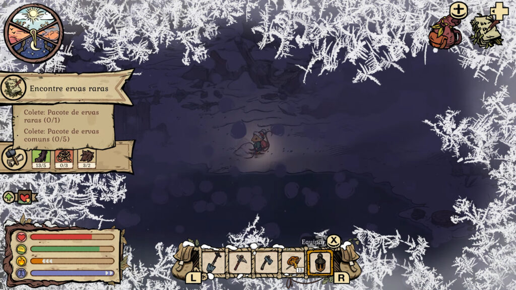 Com a noite caindo e as bordas da tela congelando, fica claro que é hora de voltar para casa antes que a saúde acabe.
(Imagem: Reprodução / Nintendo Switch 2)