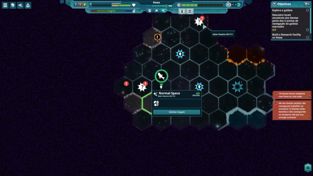No mapa de setores, você escolhe um hexágono e define o destino da viagem. No topo, Kewa exibe barras de saúde, energia e temperatura, enquanto os alertas da cidade continuam chegando.
(Captura de tela/Steam/Carlos Maestre/Pizza Fria)