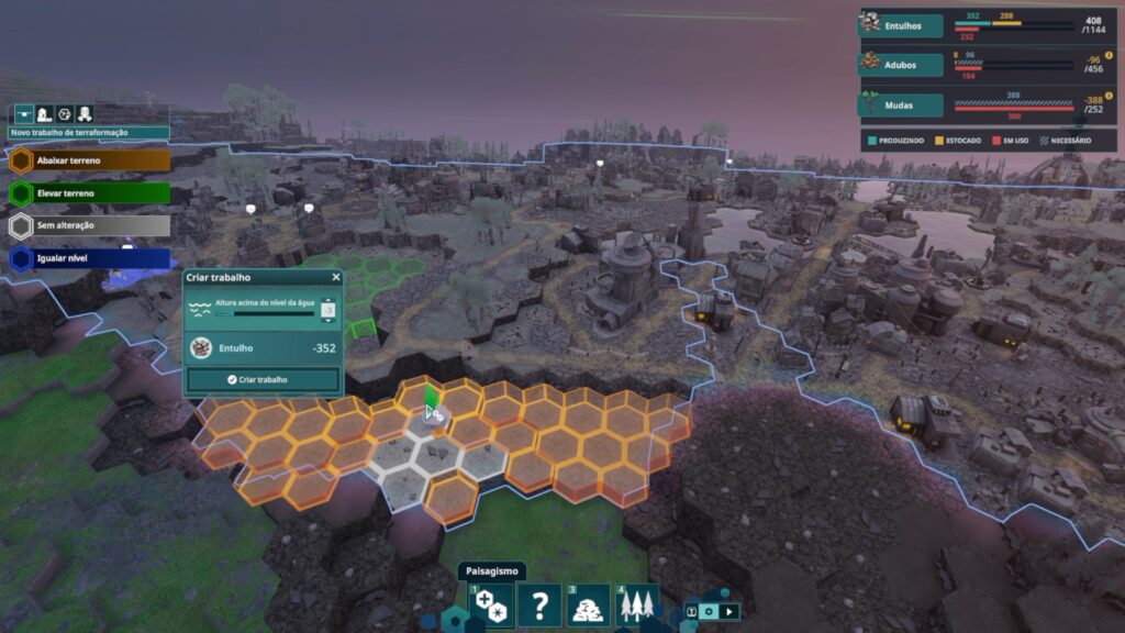 Quanto entulho! Antes de confirmar a alteração do terreno, o jogo mostra a altura em relação à água e o volume de entulho gerado: 352 unidades.
(Captura de tela/Steam/Carlos Maestre/Pizza Fria)