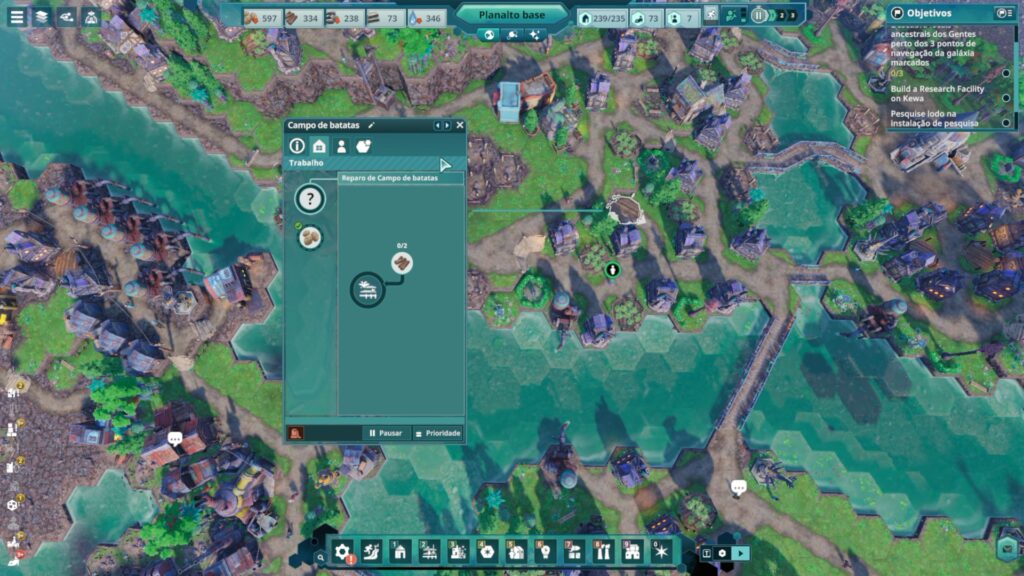 Após algumas horas de jogo, o planalto está mais adensado, com lagos entre os hexágonos, pontes e vilas. Um campo de batatas precisa de reparos e indica falta de madeira. Esse visual é demais! (Captura de tela/Steam/Carlos Maestre/Pizza Fria)