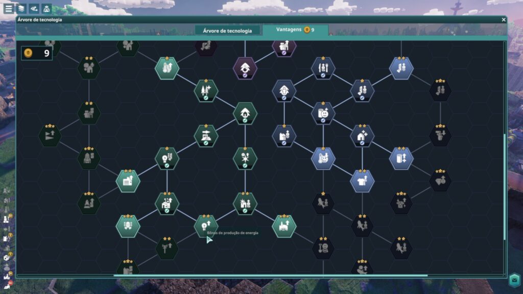 Com 9 pontos disponíveis, a tela de Vantagens se divide em ramos de cores diferentes. O caminho selecionado prioriza, neste caso, a produção de energia e deixa os outros bônus para depois.
(Captura de tela/Steam/Carlos Maestre/Pizza Fria)